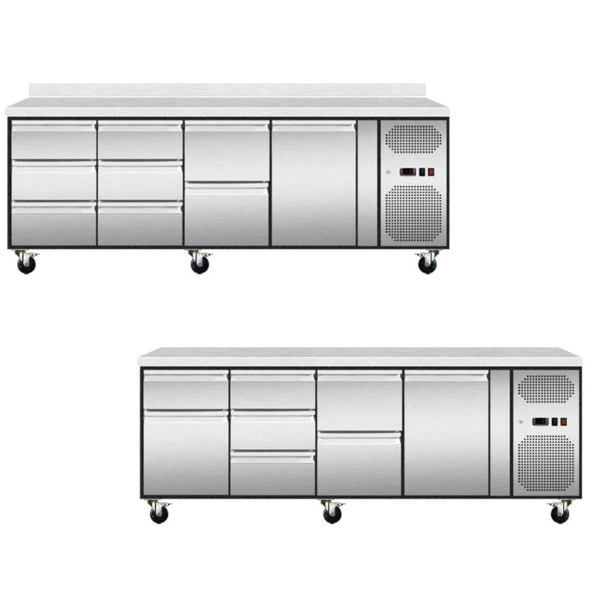 Skyrainbow Kühltisch mit Umluftkühlung und 4 Kühlabteilen, -2/+8°C, 2230 x 700 x 860/960 mm, Bestückung wählbar
