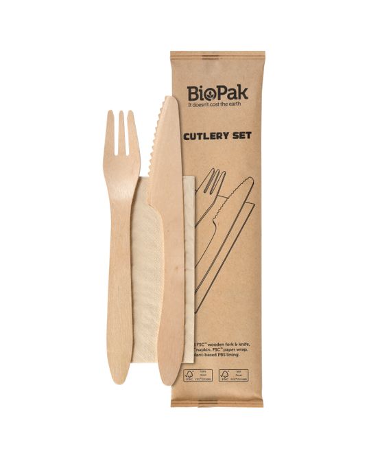 BioPak Messer, Gabel, braune Serviette 19cm natürlich, 400 Stück/Karton